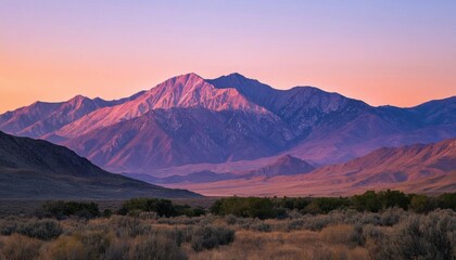 Serene mountain landscape at dusk with soft pastel colors.