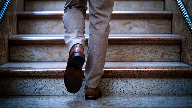 A businessman confidently walks upstairs, showcasing a stylish and professional image. The elegant setting highlights the theme of career success and ambition.