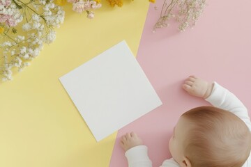 Baby's First Moments: A sweet baby lies on a pastel pink and yellow background, near a blank card and delicate flowers.
