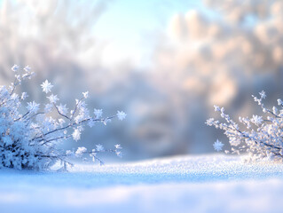 Frosty Winter Landscape with Snow and Ice Flakes Reflecting Blue and White  
