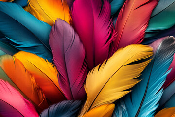 A colorful pile of feathers, each one unique in shape and color, creating an intricate pattern that is both beautiful and mysterious. 