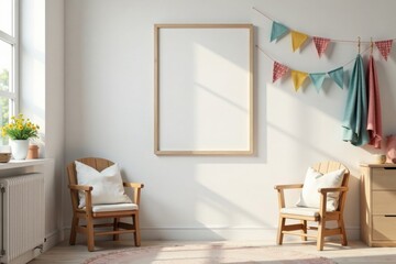 Stylish Scandinavian kids room with mock up poster frame, wooden furniture, hanging colorful flags and soft textiles, natural colors , wooden furniture, kids room decor