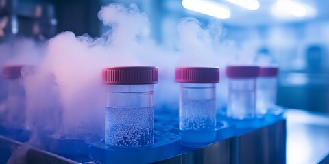 Cryopreservation of specimens in test tubes utilizing liquid nitrogen, with a focus on a liquid nitrogen bank that stores vital cryosamples of sperm and eggs for future use in storage.