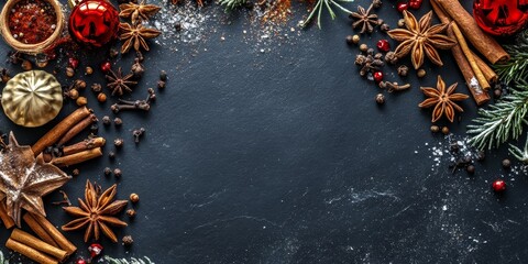 Festive food background featuring an array of Christmas spices displayed on a dark slate surface, perfect for highlighting seasonal recipes. This food background offers ample copy space.