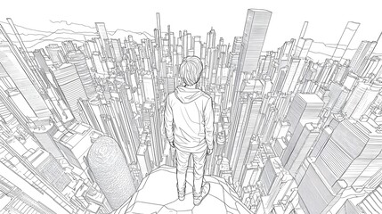 Obraz premium A person standing on tall platform overlooking a vast modern cityscape. ideas like ambition, exploration, solitude, creativity, or urban landscapes. emphasizing depth and urban geometry.
