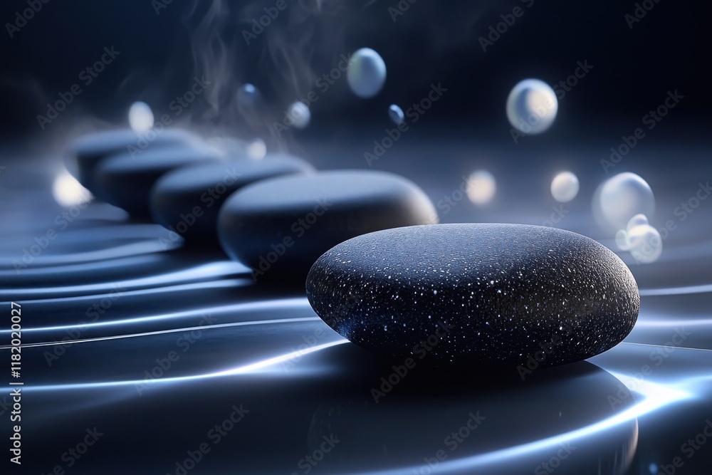 Poster Dark stones arranged in a calm water surface with bubbles floating softly above