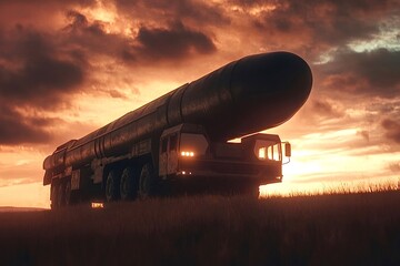 Intercontinental ballistic missile transporter erector launcher moving at sunset