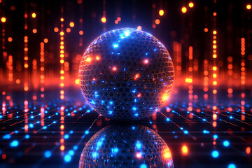  Glowing wireframe a white golf ball with a dimpled surface on a transparent background, highlighted by a combination of blue and black data points