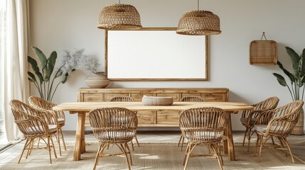 Cozy Modern Dining Room with Rattan Furniture and Neutral Colors