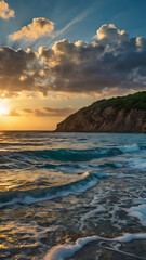 Fototapeta premium Sunset beach with gentle waves, orange sky, and lush green hill