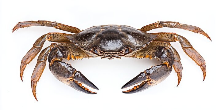 A mud crab is swimming, showcasing its claws clearly against a white backdrop. The crabs outstretched claws are prominently displayed on the white surface.