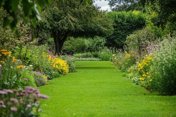A vibrant garden pathway bordered by colorful flowers and greenery.