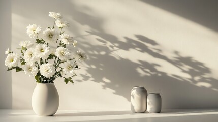 Fototapeta premium White chrysanthemums displayed in a clean and minimal setup
