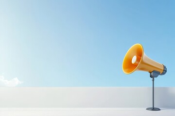 Announcing News Outdoors - Clear sky, bright day, announcement, message, communication.  A yellow megaphone symbolizes outreach and broadcasting.