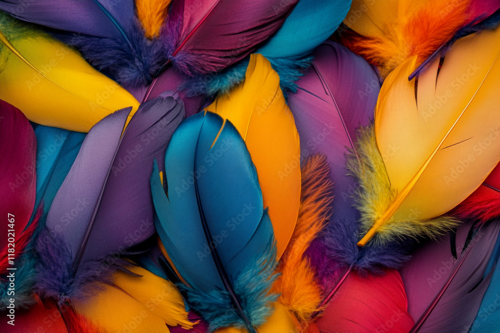 Fototapete a colorful pile of feathers, each one unique in shape and color, creating an intricate pattern that 
