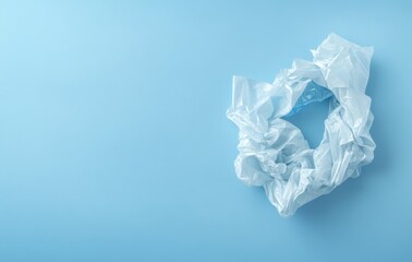 Obraz premium Transparent plastic bag twisted into a circular form on a light blue background, symbolizing environmental pollution and waste issues. 