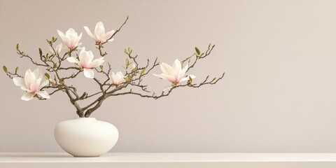 Ikebana arrangement featuring delicate flowering magnolia branches in an elegant porcelain vase creates a stunning focal point, showcasing the beauty of Ikebana artistry with soft floral elements.