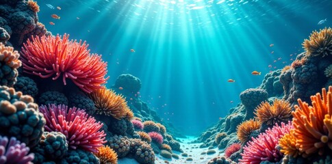 Underwater scene with vibrant coral reef and swaying algae, underwater, algae, coral © ดนุพล ศรีสําราญ