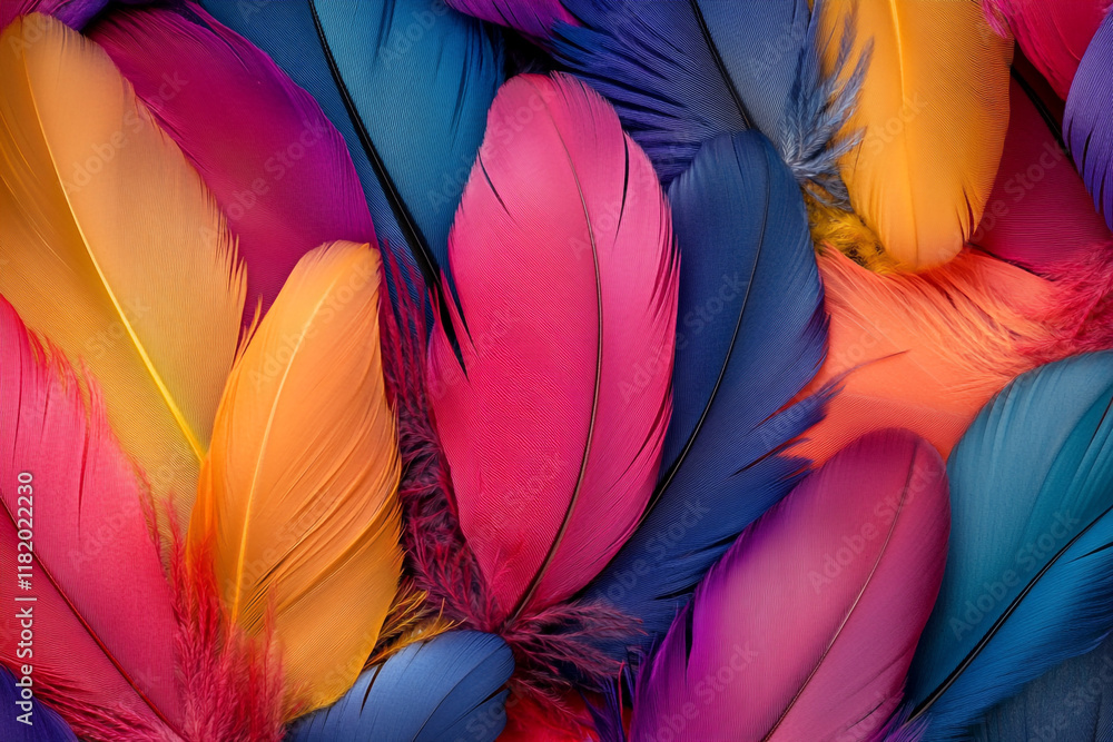Fototapete a colorful pile of feathers, each one unique in shape and color, creating an intricate pattern that 