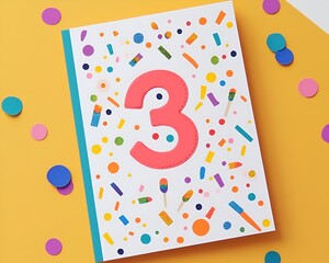 A colorful birthday card design with the number 3 and confetti details on the cover