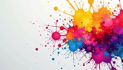 Vibrant multicolor paint splatter on white canvas, texture, creative, watercolor