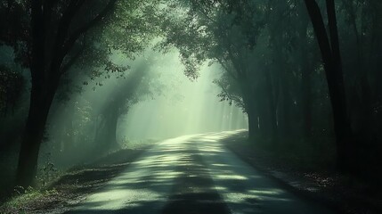 Obraz premium Misty road through trees, sun rays, nature, serene landscape, travel photography.