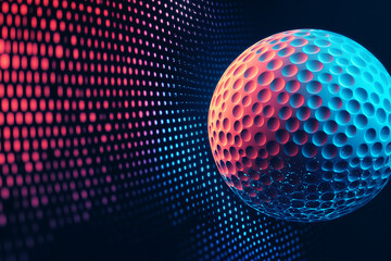  Glowing wireframe a white golf ball with a dimpled surface on a transparent background, highlighted by a combination of blue and black data points