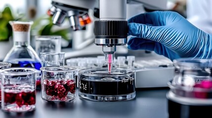 Laboratory scene with a microscope, colored liquids, and a pipette for scientific research.