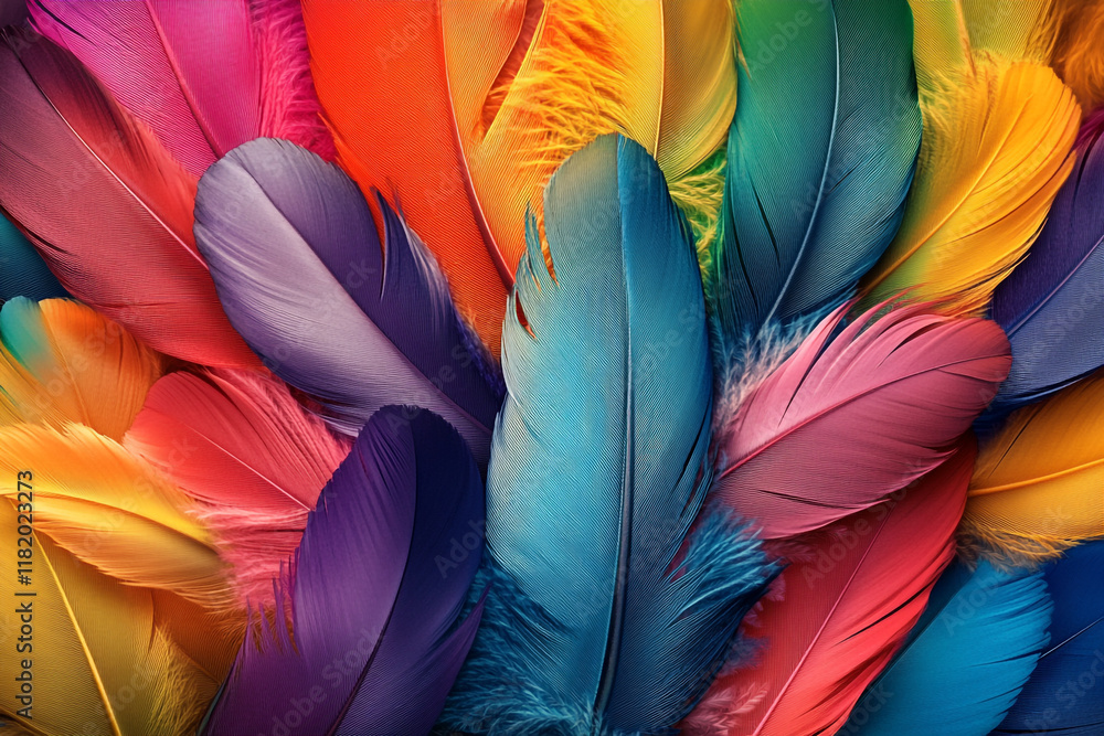 Fototapete a colorful pile of feathers, each one unique in shape and color, creating an intricate pattern that 