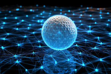  Glowing wireframe a white golf ball with a dimpled surface on a transparent background, highlighted by a combination of blue and black data points