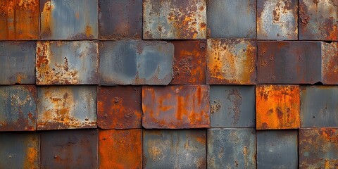 A wall made of metal shows signs of rust, covered in layers of oxidation that have accumulated over time, giving it a rustic and weathered appearance.