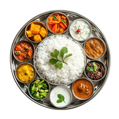 A traditional Indian Thali platter featuring a variety of curries rice vegetables and chutn