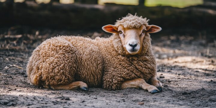 Portrait of a brown sheep resting comfortably on the ground, showcasing the unique characteristics and textures of the brown sheep in a serene setting. Perfect for animal imagery.