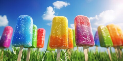 Vibrant frozen popsicles on sticks resting in the grass create a lively scene with a bright sky backdrop, showcasing the fun and enjoyment of colorful frozen popsicles in a natural setting.