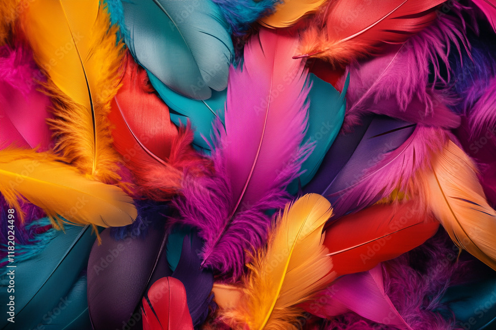 Fototapete a colorful pile of feathers, each one unique in shape and color, creating an intricate pattern that 