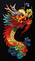 Obraz premium Colorful paper-cut style dragon, black background, exquisite details, bright colors, festive atmosphere. Paper quilling art style