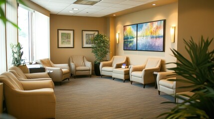 Fototapeta premium Cozy waiting area with comfortable chairs and decorative plants for relaxation.