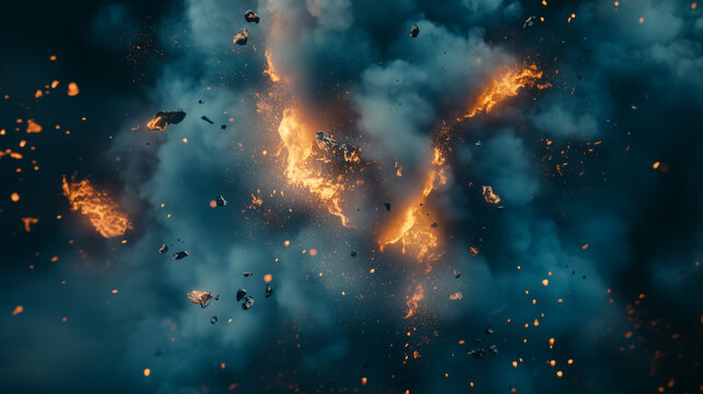 An abstract watercolor depiction of a blast with debris and stones flying outward, representing a terrorist explosion or quarry detonation.