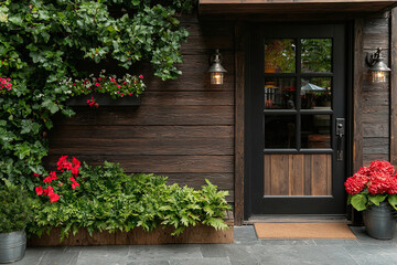 Naklejka premium charming entrance featuring black door surrounded by lush greenery and vibrant red flowers, creating welcoming atmosphere. textured wooden exterior adds warmth and character