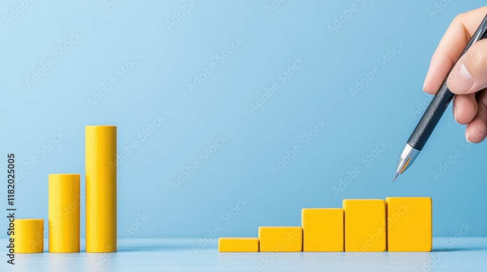 Poster hand holding pen pointing at bar graph on blue background representing growth and data analysis tren