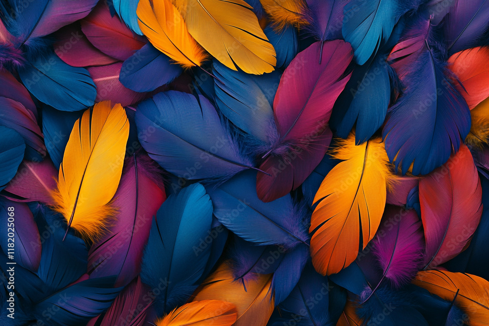 Fototapete a colorful pile of feathers, each one unique in shape and color, creating an intricate pattern that 