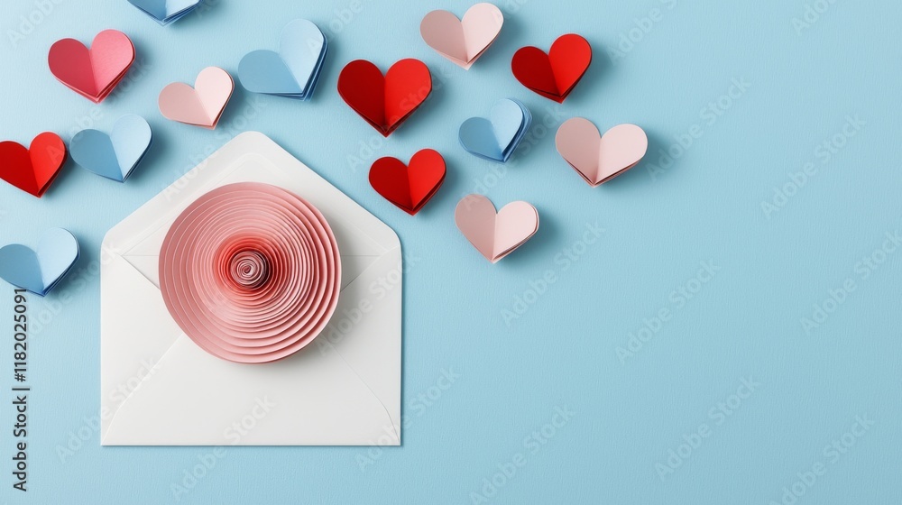 Poster 3d render a colorful arrangement of paper hearts and a rose inside an envelope, set against a light 