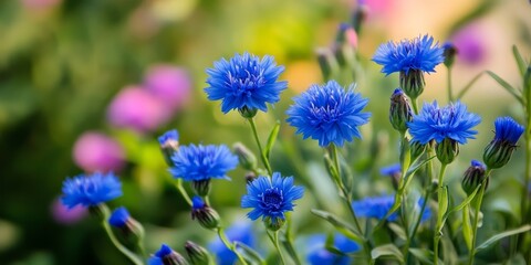 Fototapeta premium Stunning blue flowers blooming in a warm summer setting, showcasing the vibrant colors and natural beauty of blue flowers during the delightful summer season. Blue flowers add charm to gardens.
