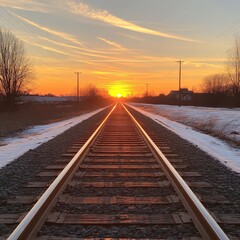 Fototapeta premium A high-angle shot of railway tracks at sunrise, symbolizing journeys and progress. Perfect for travel, transportation, and inspirational-themed projects
