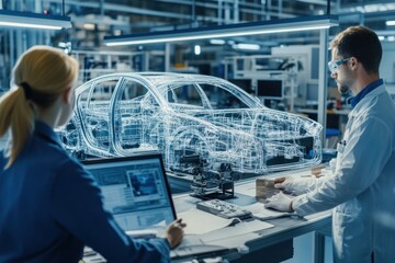 Engineers review car design in factory