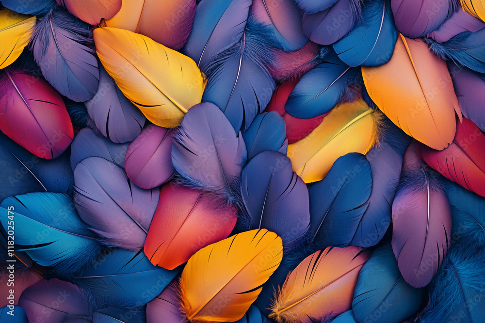 Poster a colorful pile of feathers, each one unique in shape and color, creating an intricate pattern that 