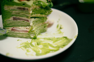 Pieces of cake matcha green tea cake after eating