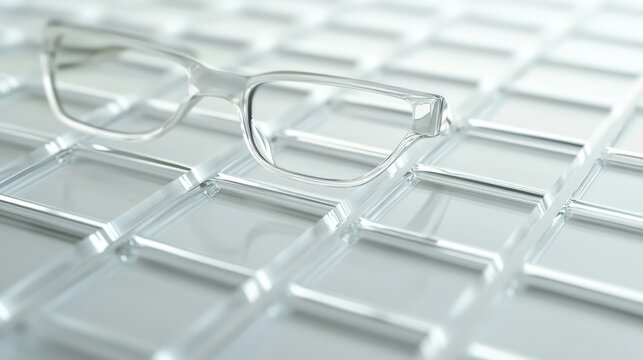 A minimalist arrangement of transparent, curved glass panels laid out in a grid pattern on a soft gradient background.