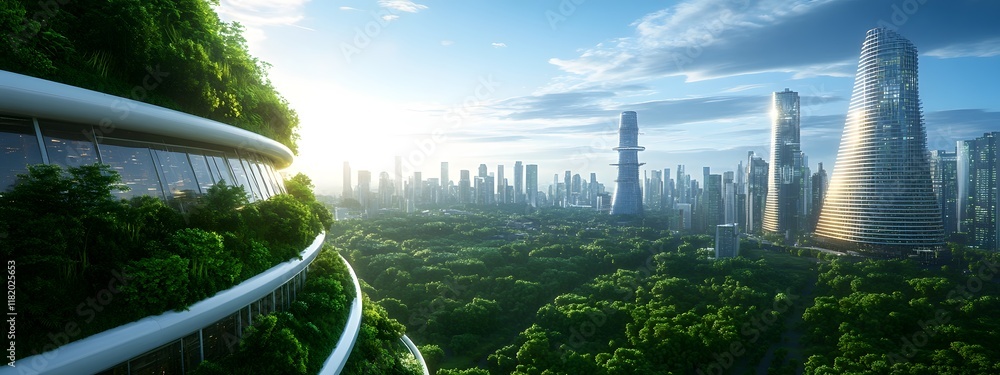 Poster conceptual futuristic cityscape with organic fractal like structures and pulsing energy fields