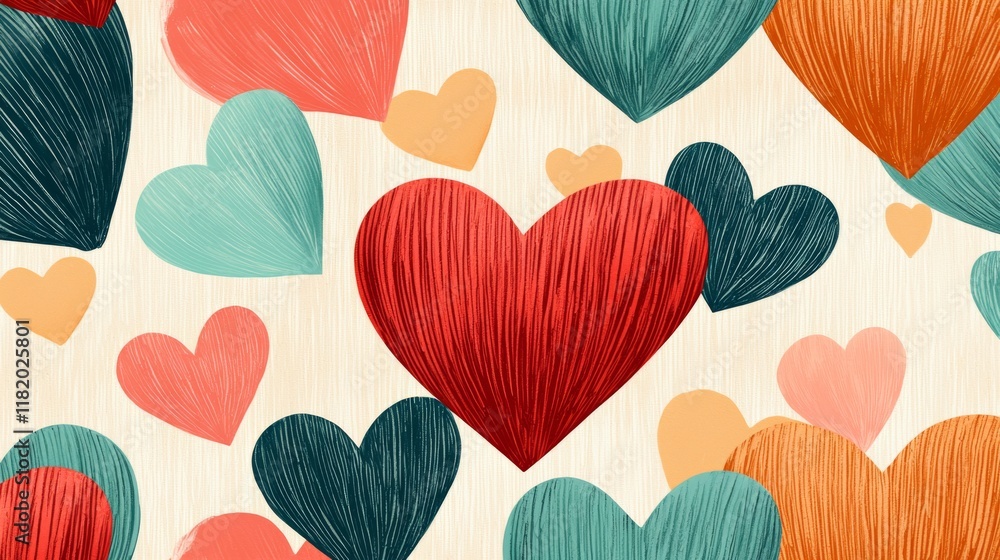 Aufkleber a colorful pattern of various hearts in different sizes and shades, creating a cheerful and loving a